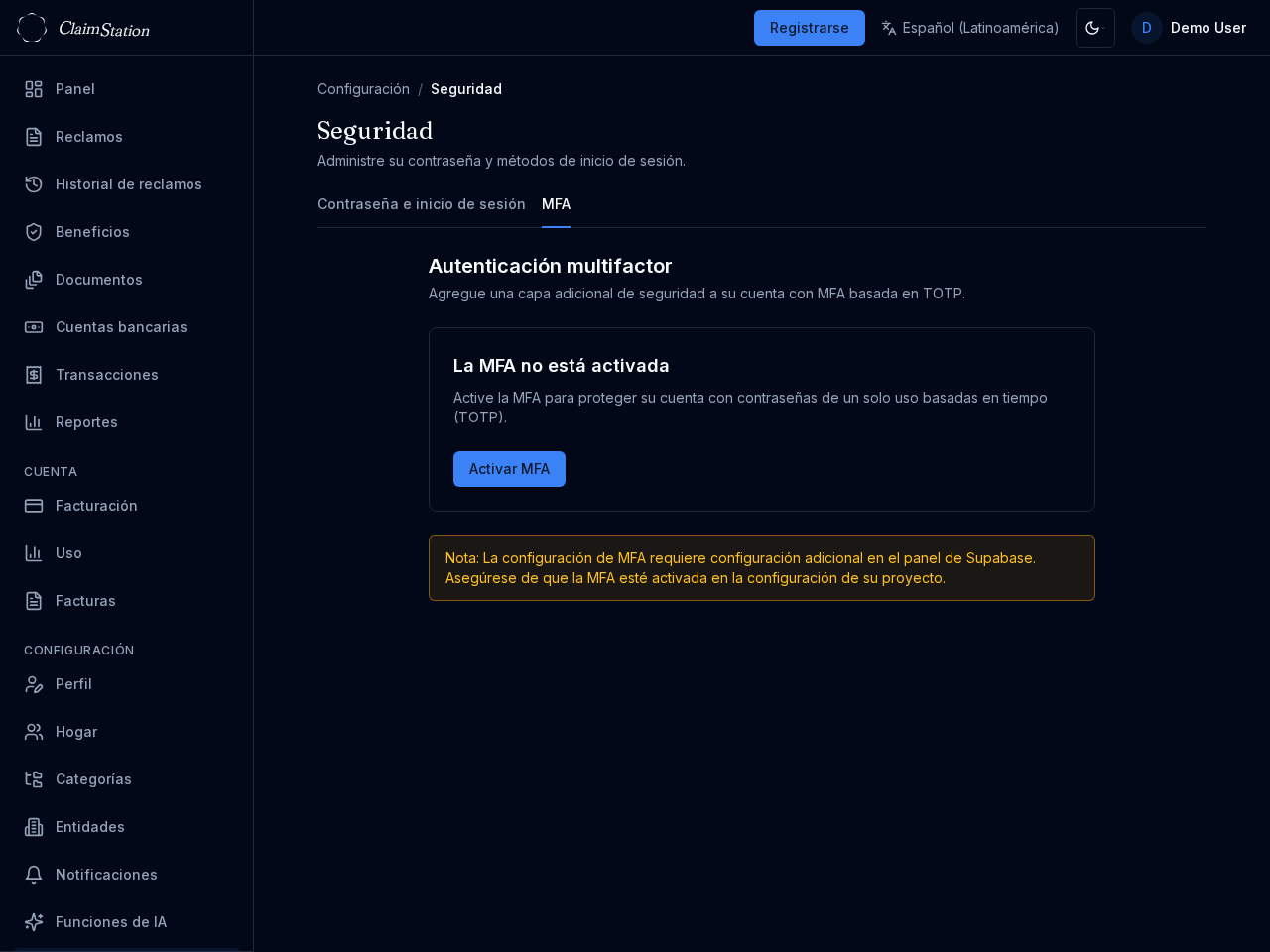 ClaimStation Settings Security MFA